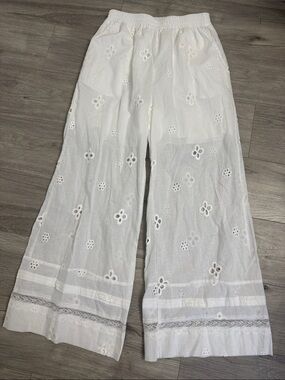 Romantic White Eyelet Silk and Wool Wide Leg Pants Made in Italy